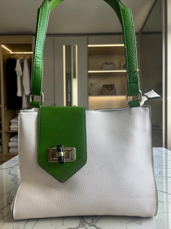 Chelsea & Violet Handbags - Chelsea & Violet Blush White Pebbled Leather Shoulder Bag with Green Flap